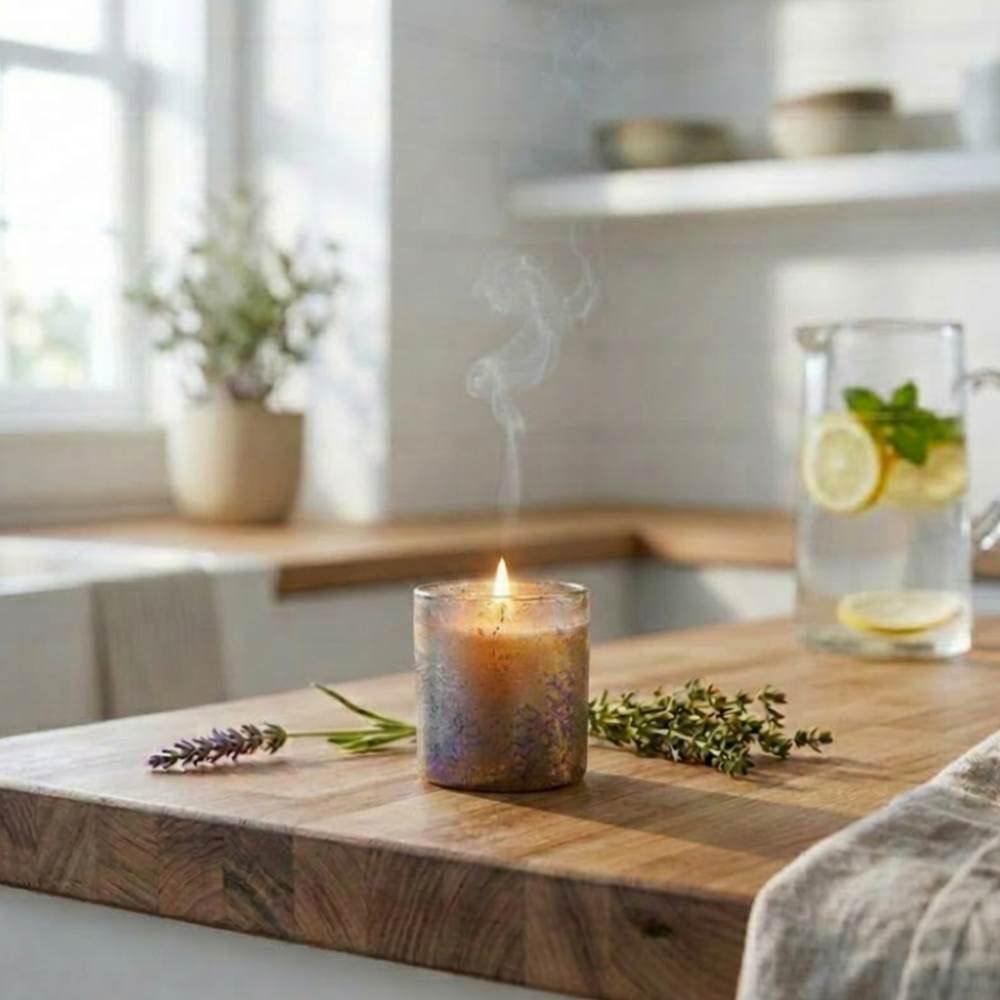 Himalayan Grapefruit Pine Candle on a wooden kitchen countertop with a blurred kitchen background
