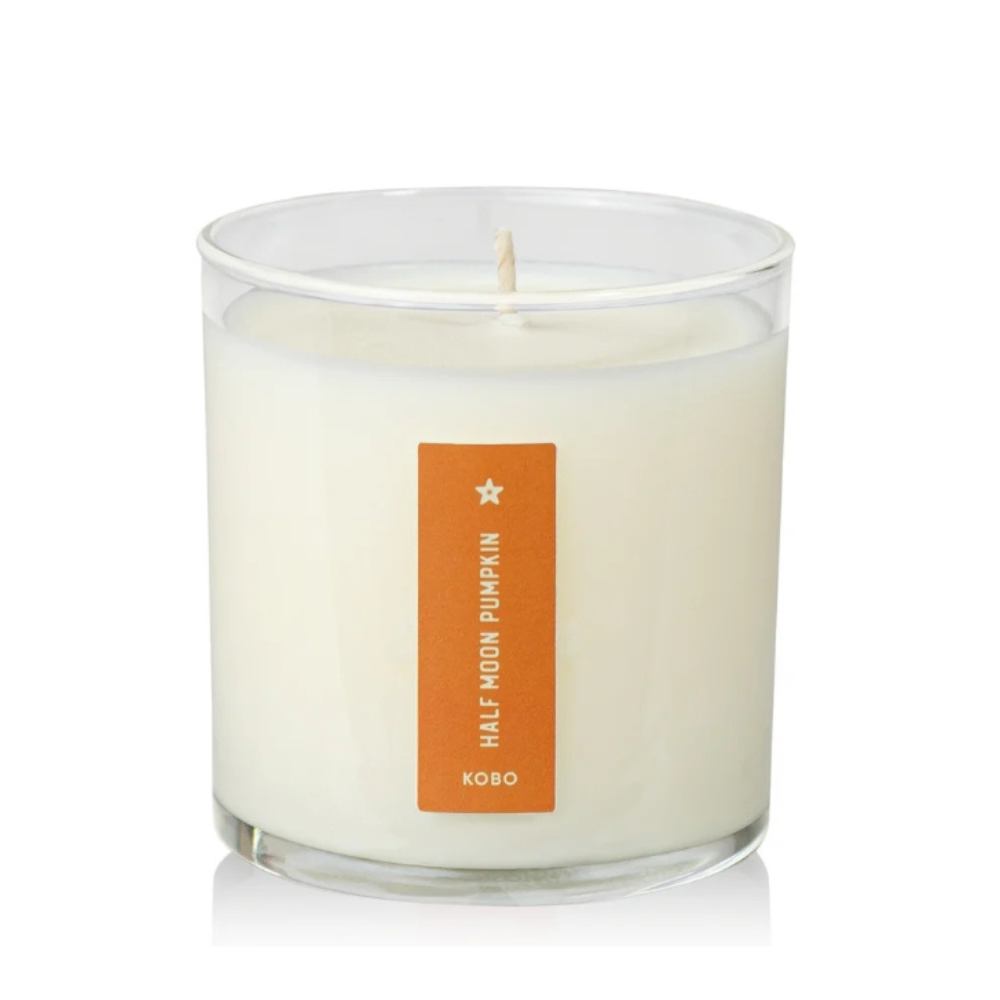 KOBO Half Moon Pumpkin 9 oz pure soy candle in a clear glass jar