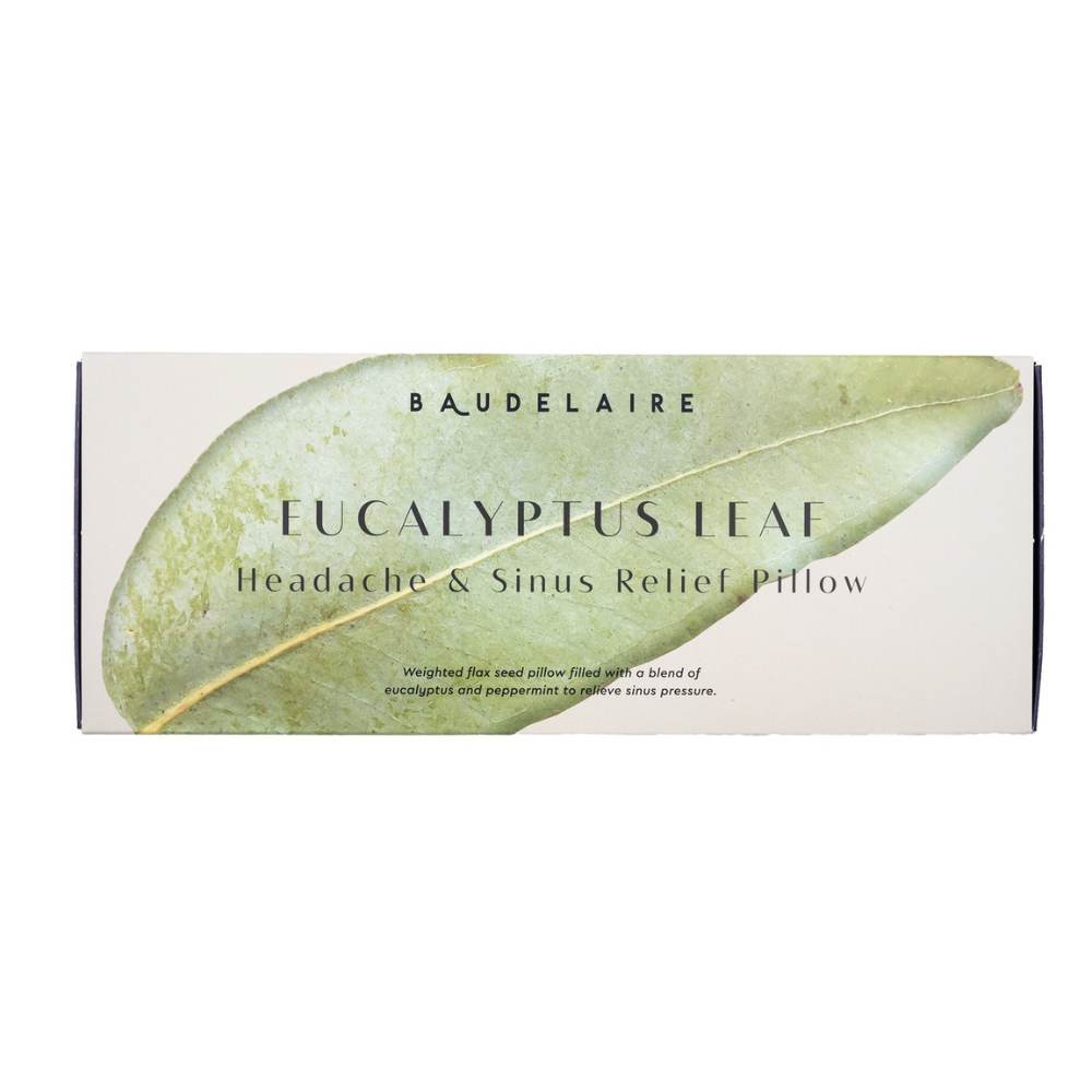 Baudelaire Eucalyptus Leaf Headache & Sinus Relief Pillow packaging with a leaf design on a white background