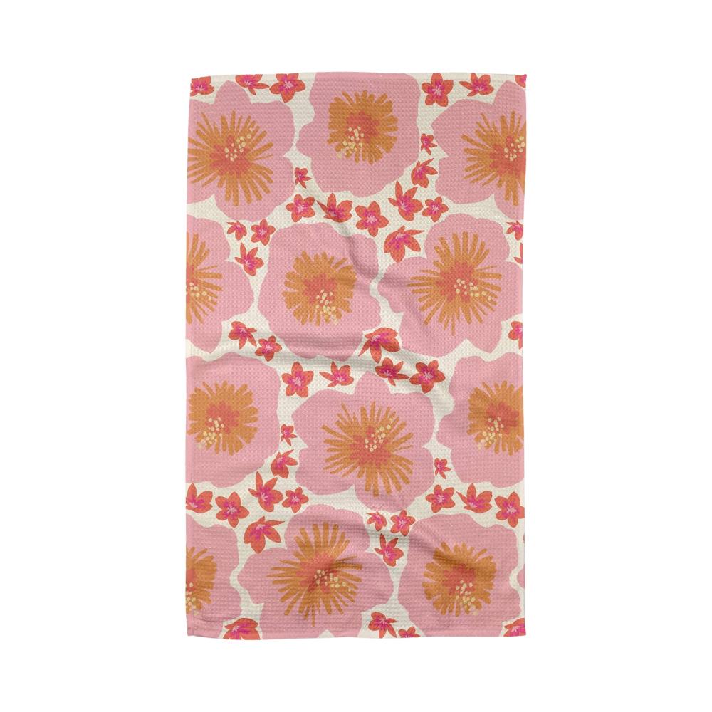 Floral patterned Geometry Tea Towel with pink and orange flowers on a white background