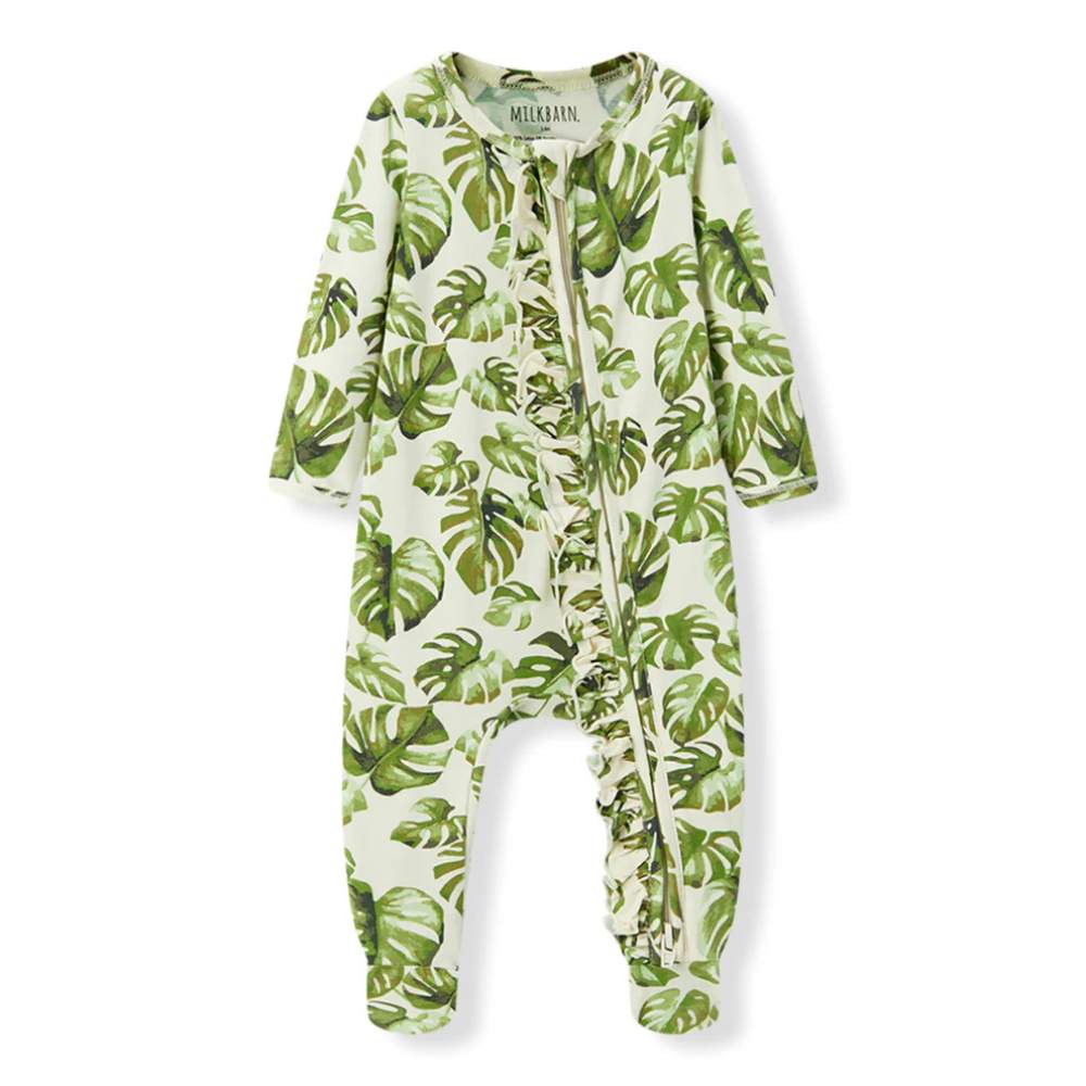 Island Leaf Cotton Stretch Ruffle Romper by Milkbarn