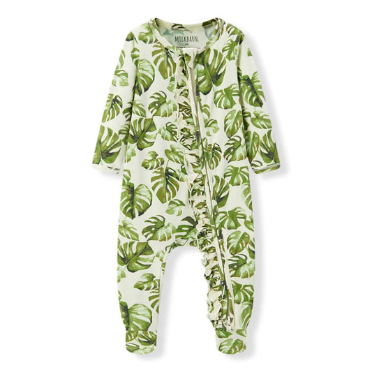 Island Leaf Cotton Stretch Ruffle Romper by Milkbarn