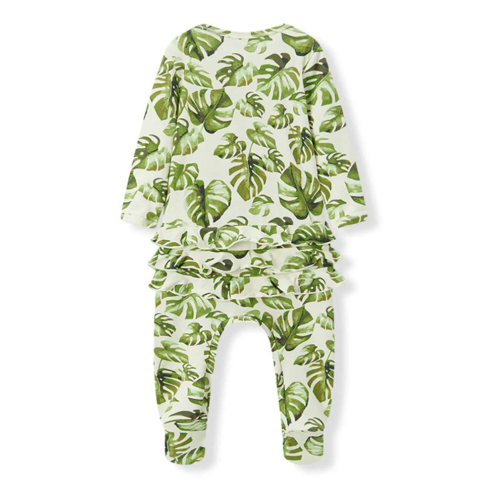 Island Leaf Cotton Stretch Ruffle Romper by Milkbarn
