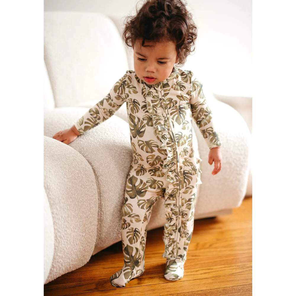 Island Leaf Cotton Stretch Ruffle Romper by Milkbarn