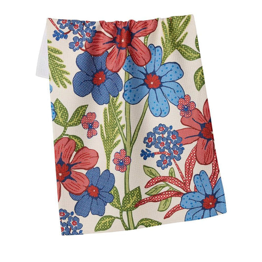 Floral patterned Geometry Tea Towel with red, blue, and green flowers on a white background