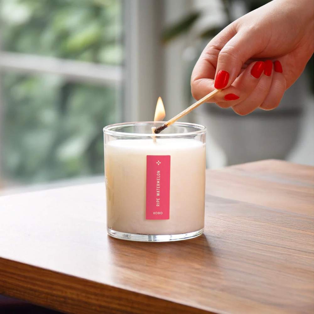 Plant the box Ripe Watermelon candle being lit 