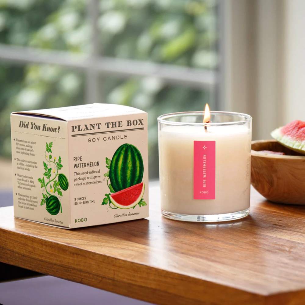 Plant the box Ripe Watermelon box and candle on kitchen countertop with watermelon slice in background