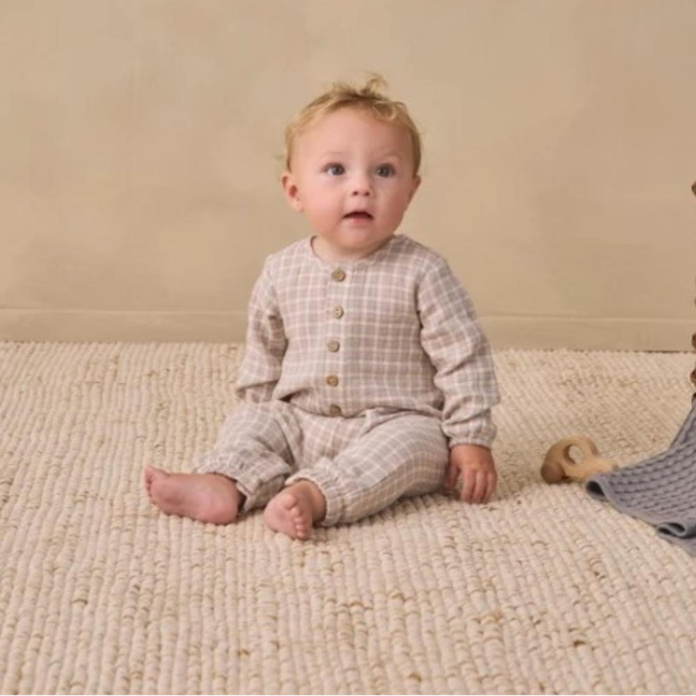 Quincy Mae Blue Gingham Woven Jumpsuit in organic cotton gauze, second styled lifestyle photo