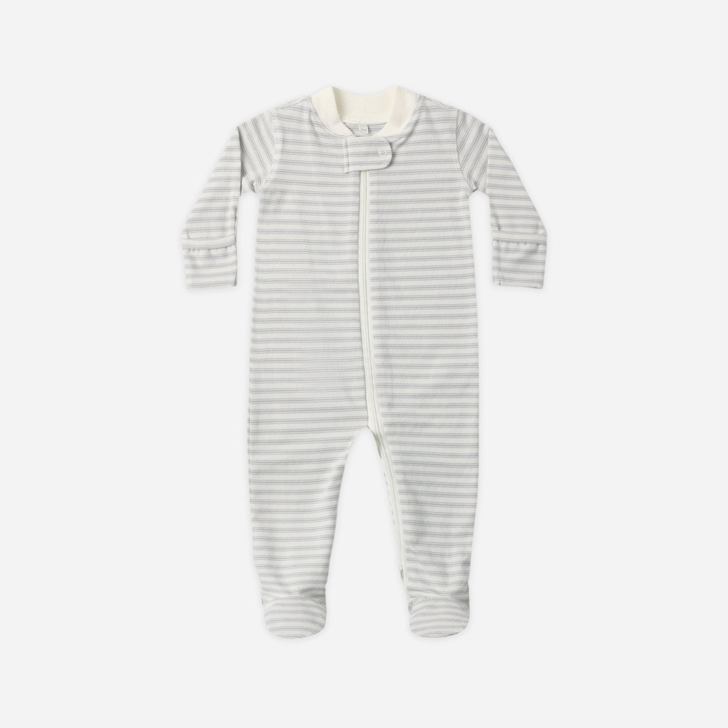 A baby long-sleeve footed sleeper with thin horizontal blue and white stripes, featuring a white zipper and a cream-colored collar, shown on a plain light gray background.