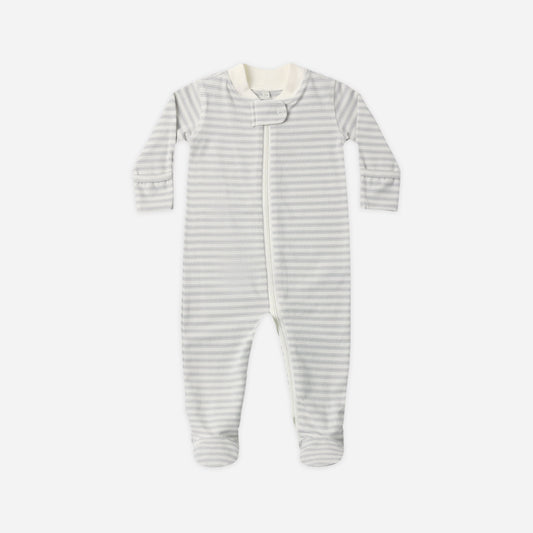A baby long-sleeve footed sleeper with thin horizontal blue and white stripes, featuring a white zipper and a cream-colored collar, shown on a plain light gray background.