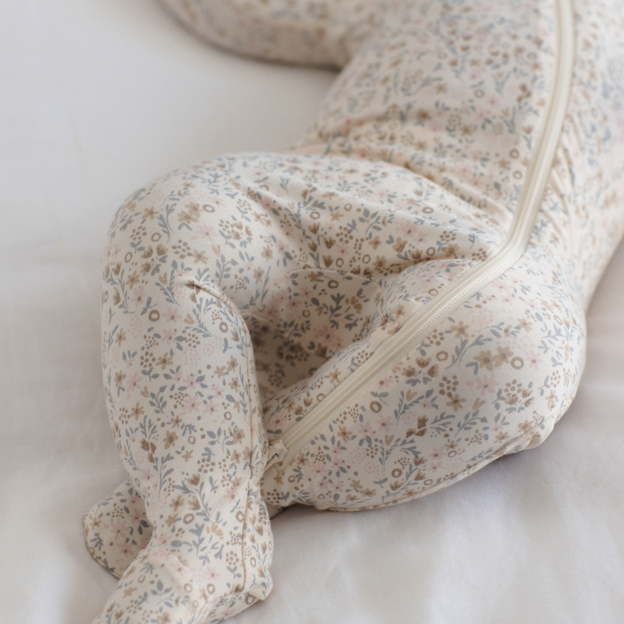 Quincy Mae Floral Vine Zip Sleeper Footie in organic brushed jersey, additional styled lifestyle photo