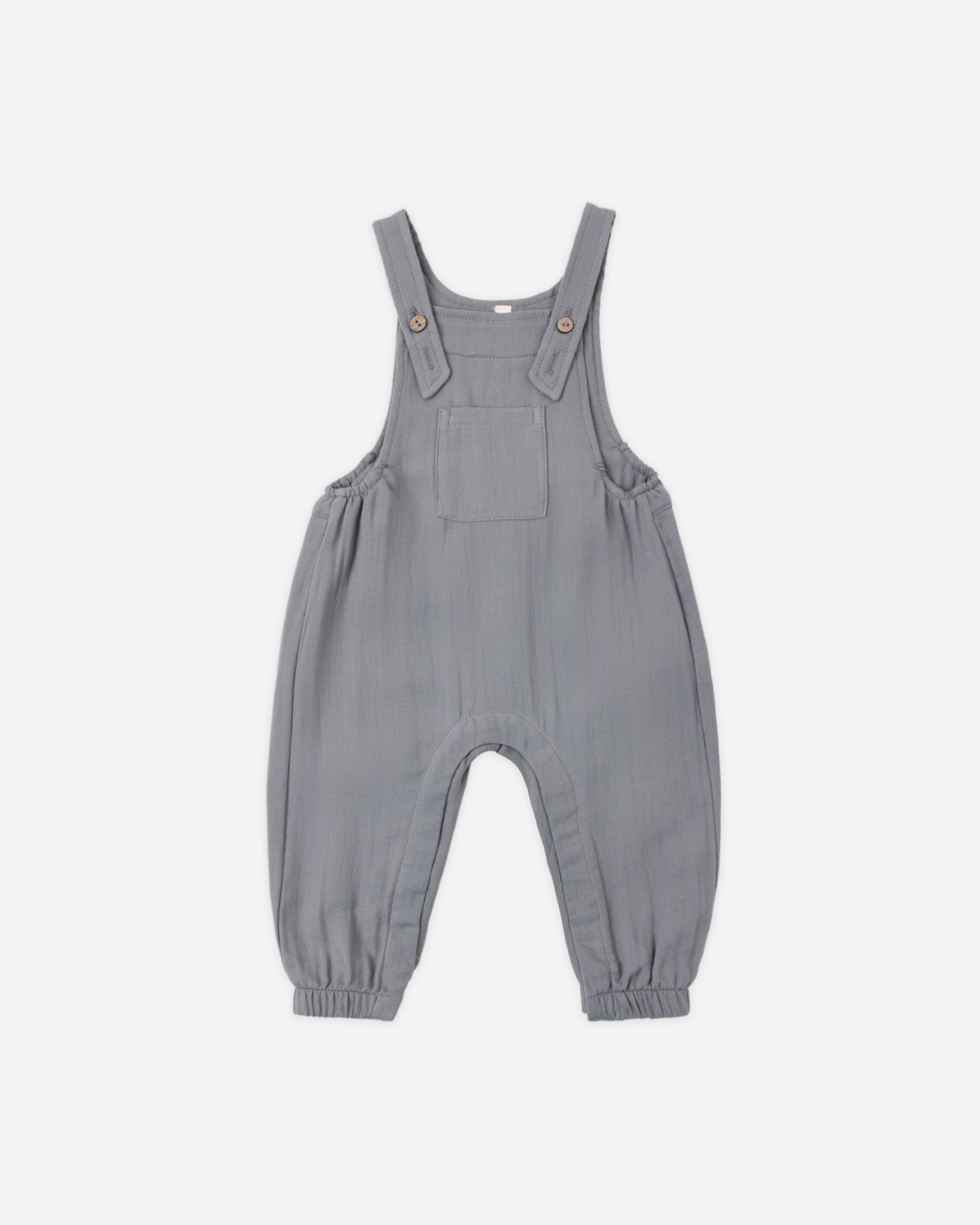Quincy Mae Slate Baby Overall in organic cotton, deep slate hue