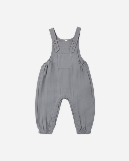 Quincy Mae Slate Baby Overall in organic cotton, deep slate hue