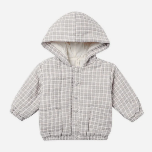 A baby hooded quilted jacket in a light blue and white plaid pattern, featuring a soft cream-colored lining and front snap buttons, shown against a plain light gray background.