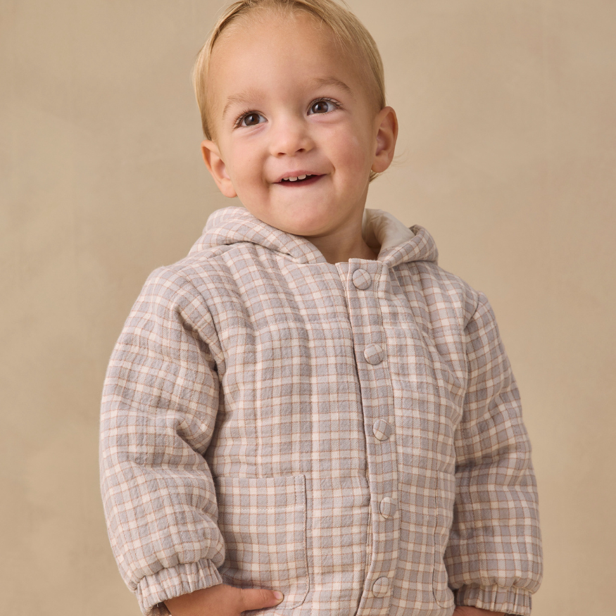 Quincy Mae Blue Gingham Hooded Woven Jacket in organic cotton, styled lifestyle photo
