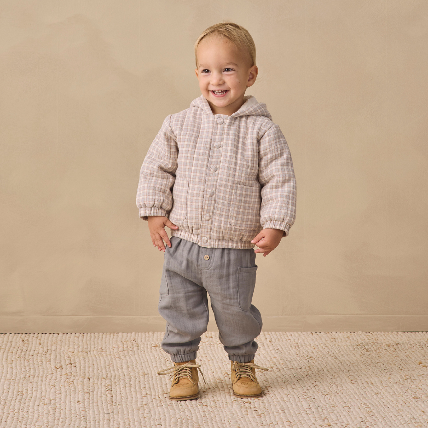 Quincy Mae Blue Gingham Hooded Woven Jacket in organic cotton, second styled lifestyle photo