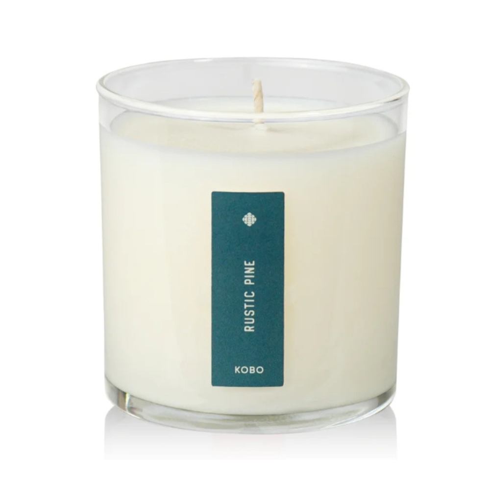 KOBO Rustic Pine 9 oz pure soy candle in a clear glass jar