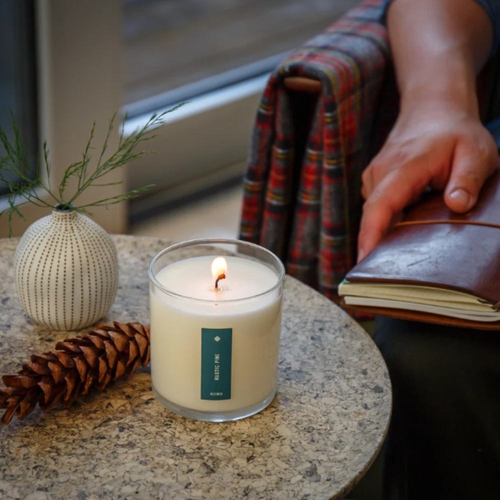 KOBO Rustic Pine candle and plantable box styled in a holiday setting