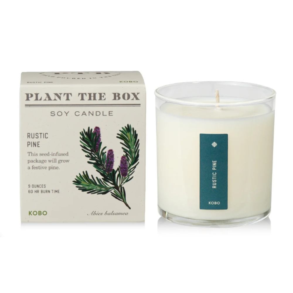 KOBO Rustic Pine 9 oz soy candle beside its plantable gift box