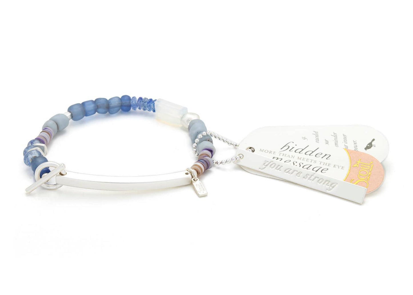 Beaded bracelet with a tag on a white background