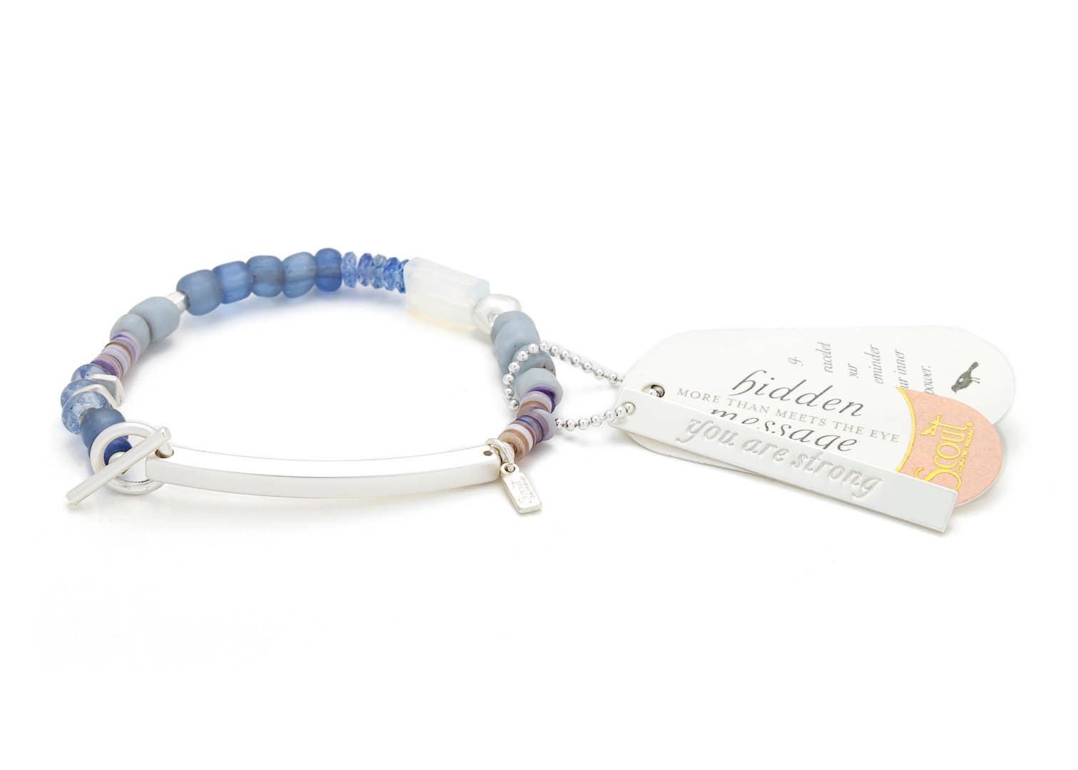 Beaded bracelet with a tag on a white background