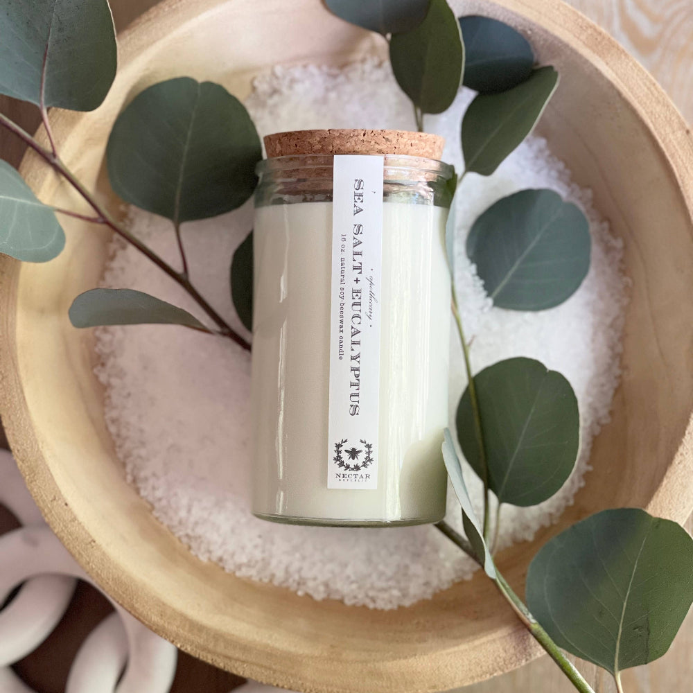 Nectar Republic Sea Salt and Eucalyptus 16 oz candle styled with sea salt and eucalyptus leaves