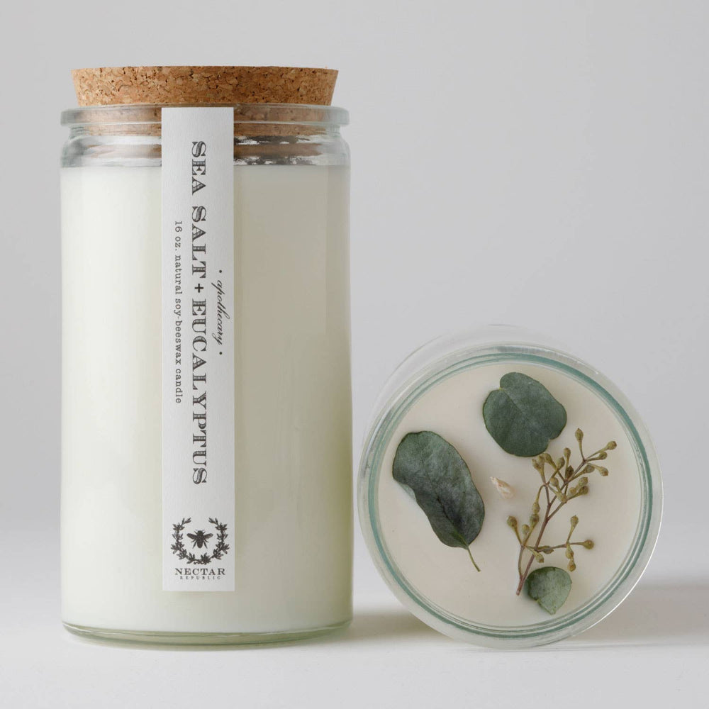 Nectar Republic Sea Salt and Eucalyptus apothecary candle in recycled glass jar with cork closure