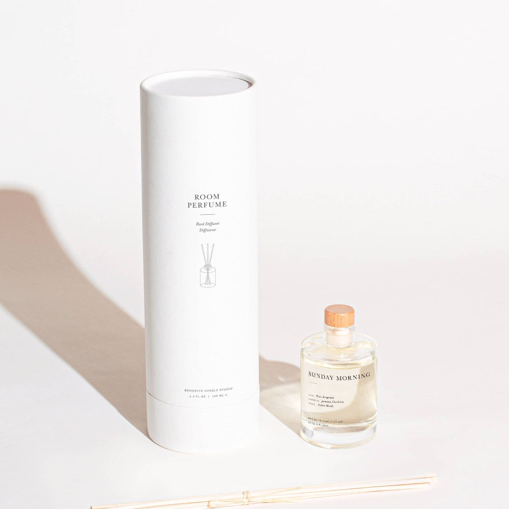 Brooklyn Candle Studio Sunday Morning diffuser with gift packaging on white