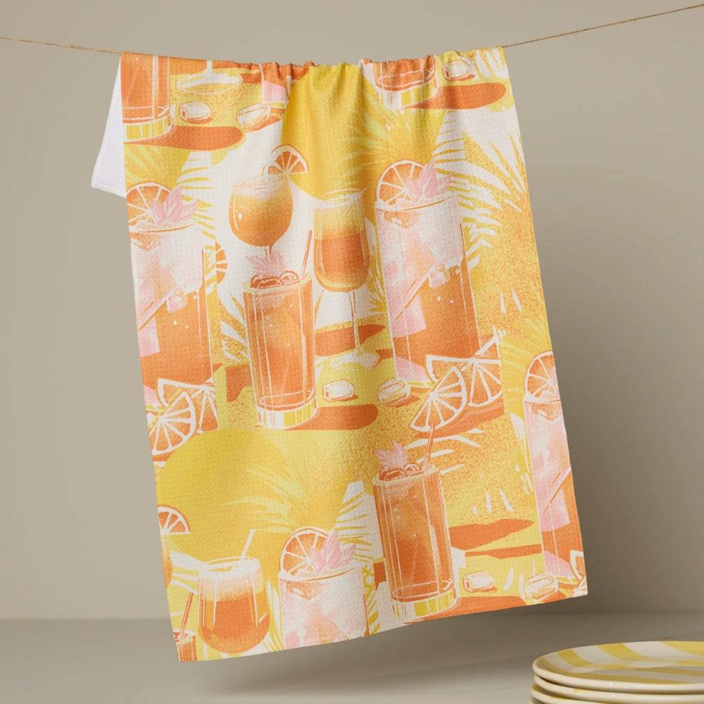 Geometry Tea Towel with a colorful drink pattern on a beige background