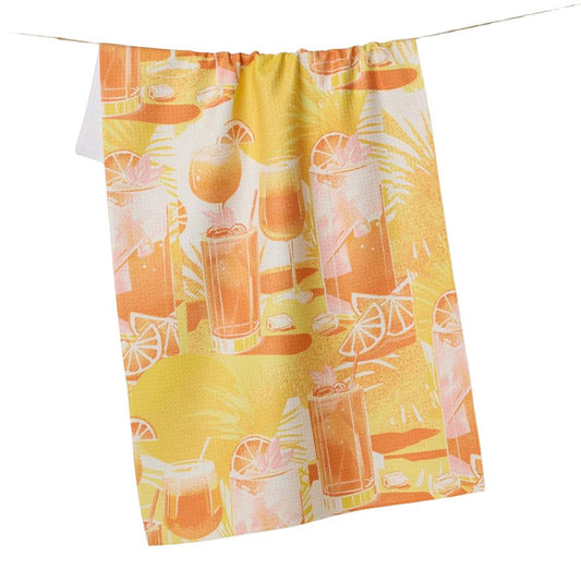 Towel with a summer-themed design featuring drinks and fruits on a white background