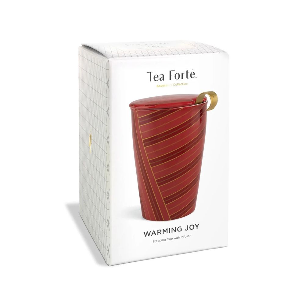 Tea Forte Warming Joy Kati cup gift box in white with the red striped cup pictured on the front