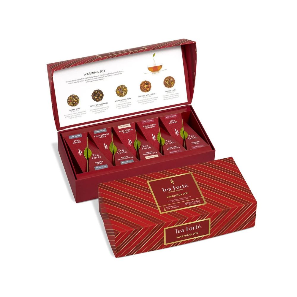 Open Warming Joy Petite Presentation Box showing the lid tasting menu and pyramid infusers, closed box in front