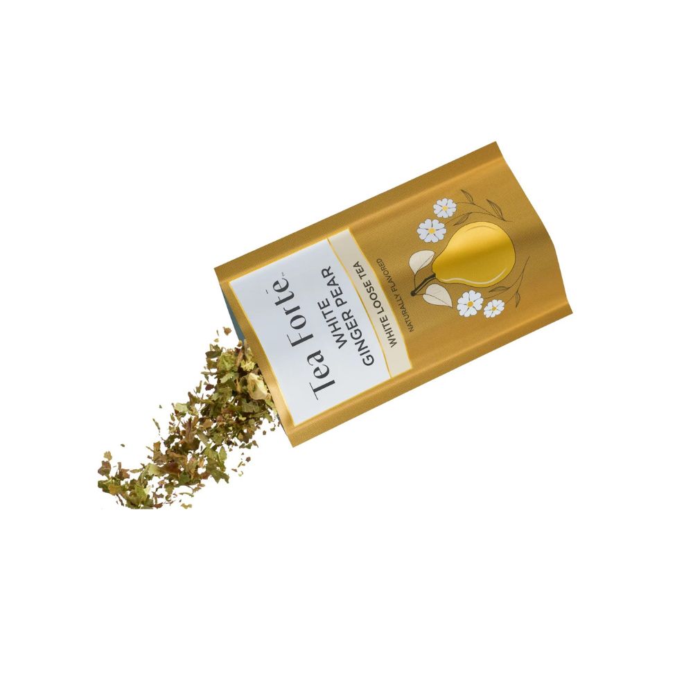 Gold Tea Forte Single Steeps pouch with loose leaf tea spilling out