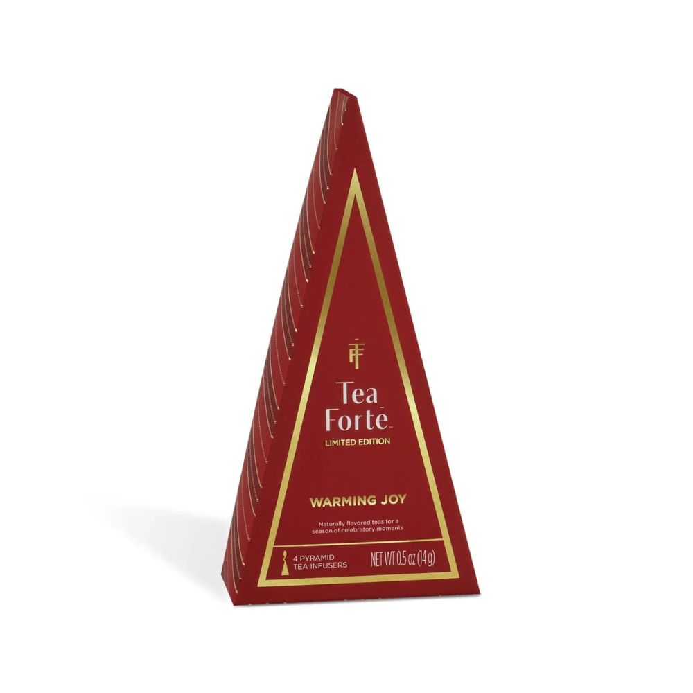 Tea Forte Warming Joy Petite Tea Tree, a red and gold tree-shaped box of tea