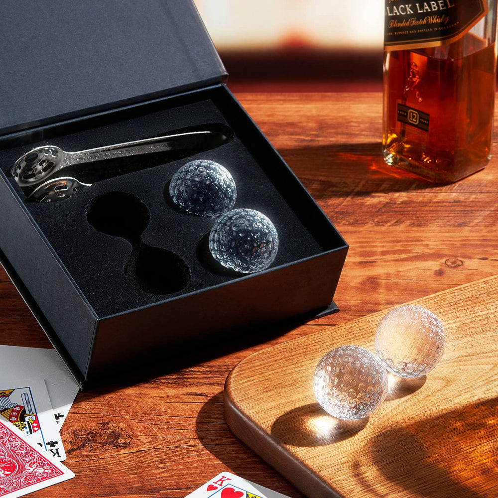 Box Displaying Golf Ball chilling cubes and ice tongs