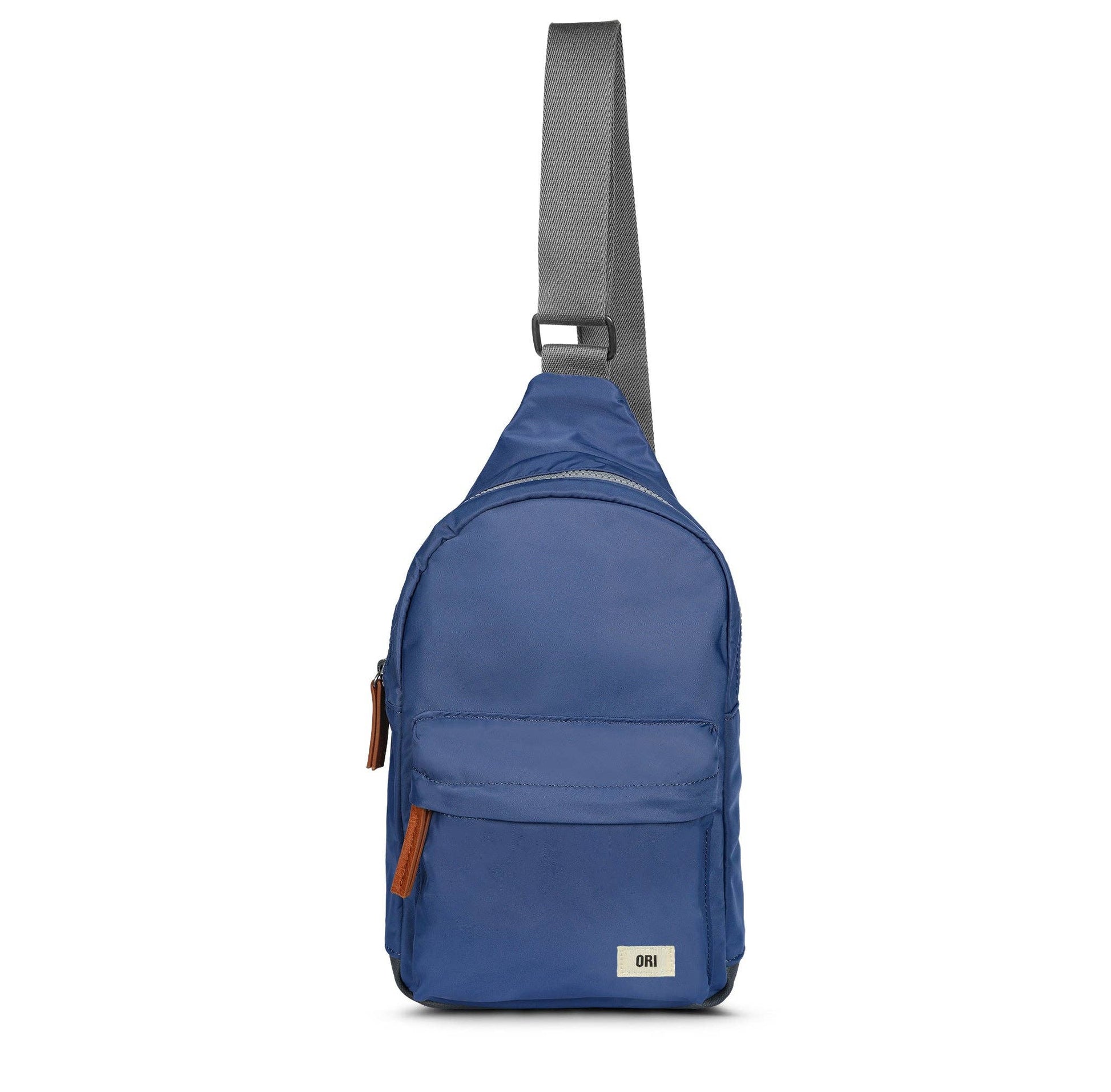 ORI London Burnt Blue Willesden sling bag in recycled nylon with front zip pocket and adjustable strap