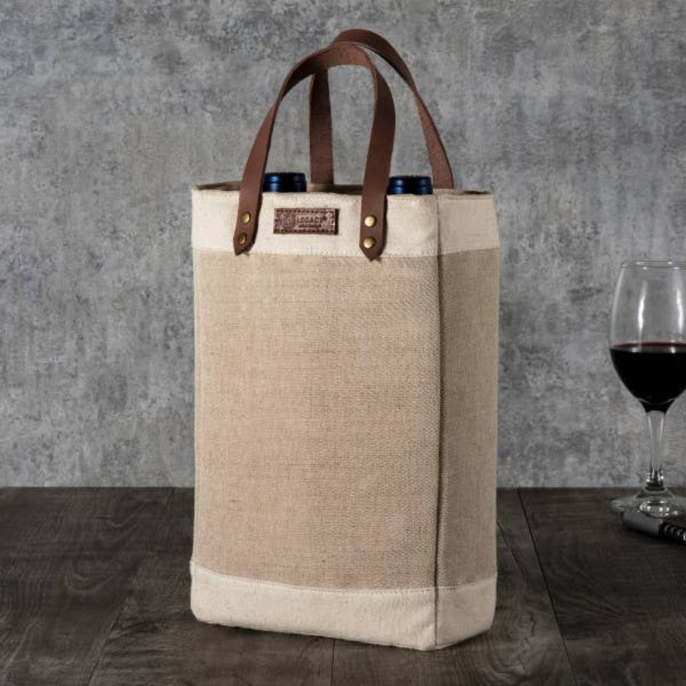 Pinot Jute Beige colored 2 Bottle Insulated Wine Bag on countertop 
