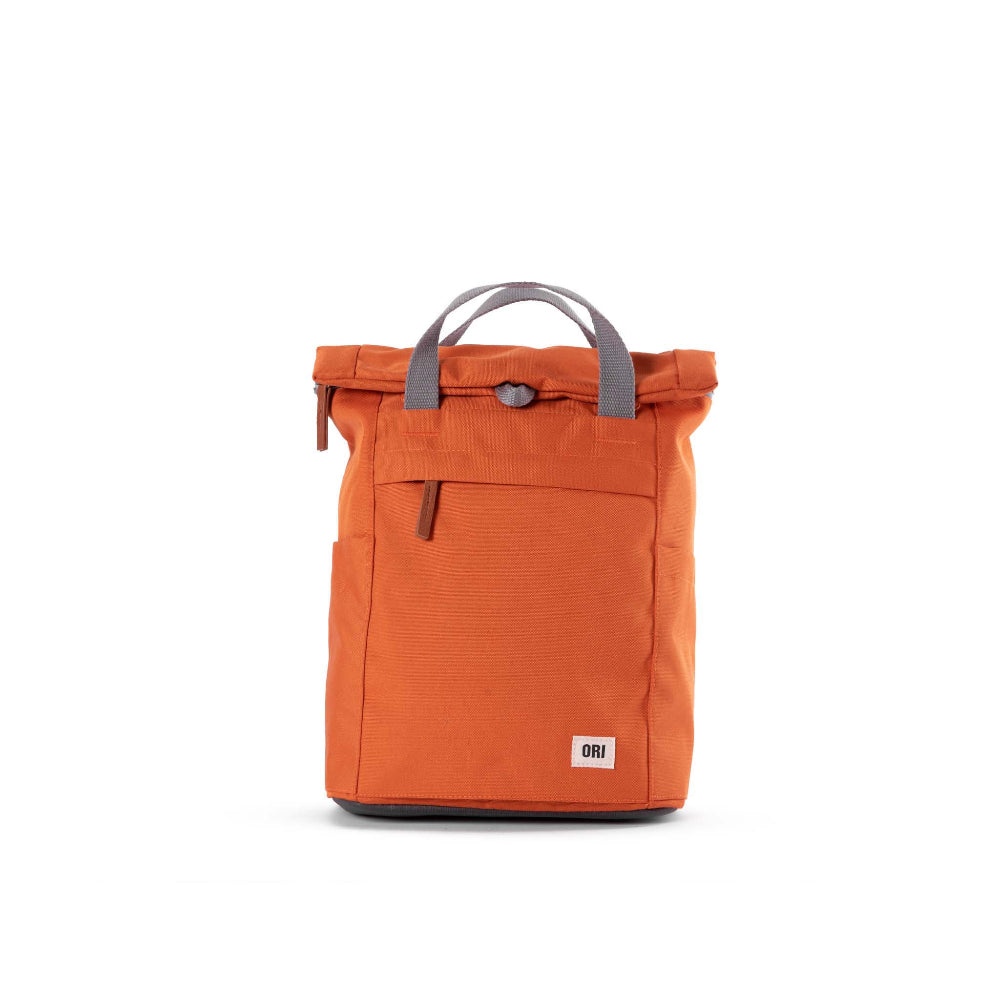 ORI London Atomic Orange Finchley backpack in recycled canvas with padded laptop sleeve and roll-top closure
