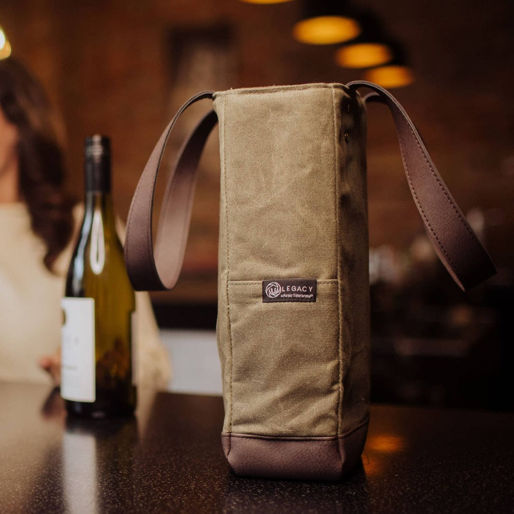 2 Bottle Insulated Wine Cooler Bag: Khaki Green with Beige Accents on countertop side angle