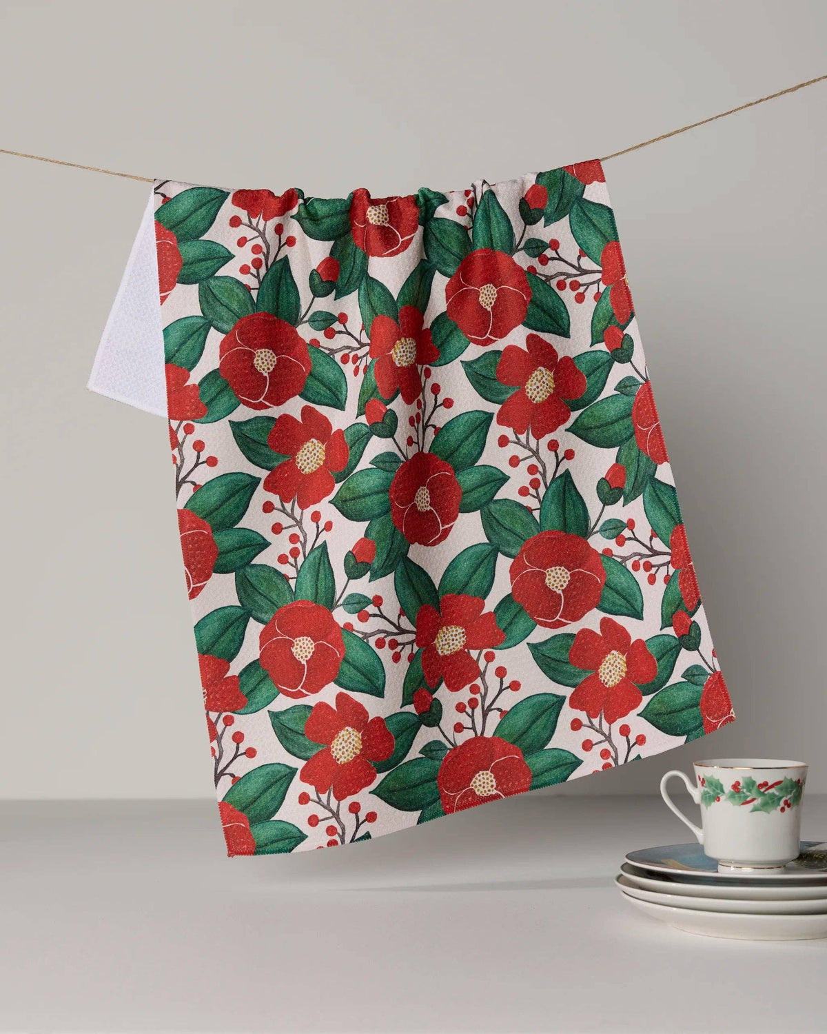 Geometry Winter Camellia holiday tea towel, 18 x 30 in, view 1