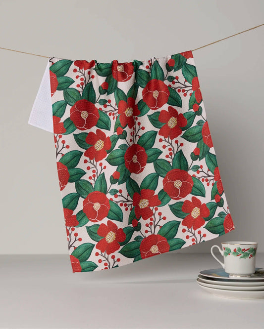 Geometry Winter Camellia holiday tea towel, 18 x 30 in, view 1