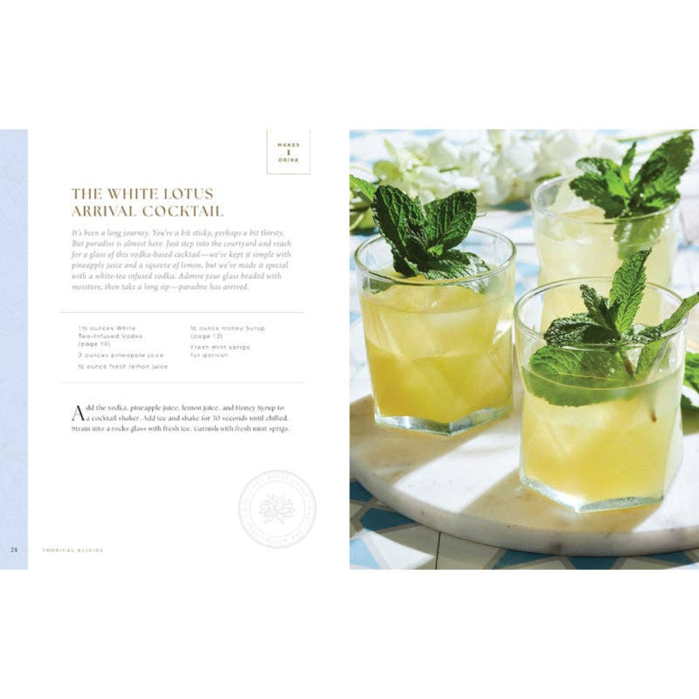 Three glasses of a yellow cocktail with mint leaves on a white plate, set against a scenic background.