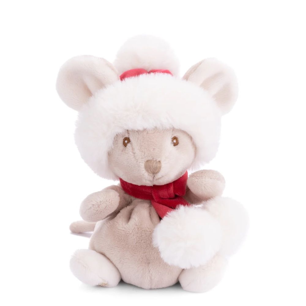 Baby Mousy Christmas mouse plush by Bukowski Bears in a faux fur trapper hat and red scarf