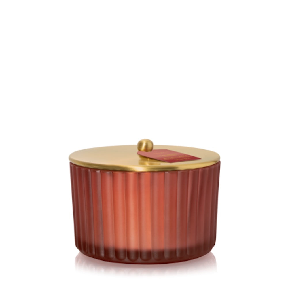 Thymes Pomander Clove 3-Wick Statement Candle, 18 oz frosted ribbed glass in sienna orange with a brushed gold lid