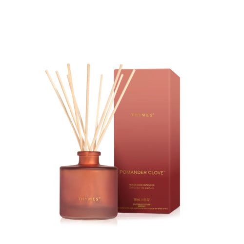 Thymes Pomander Clove Petite Reed Diffuser, 4 fl. oz. frosted sienna orange glass bottle with reeds