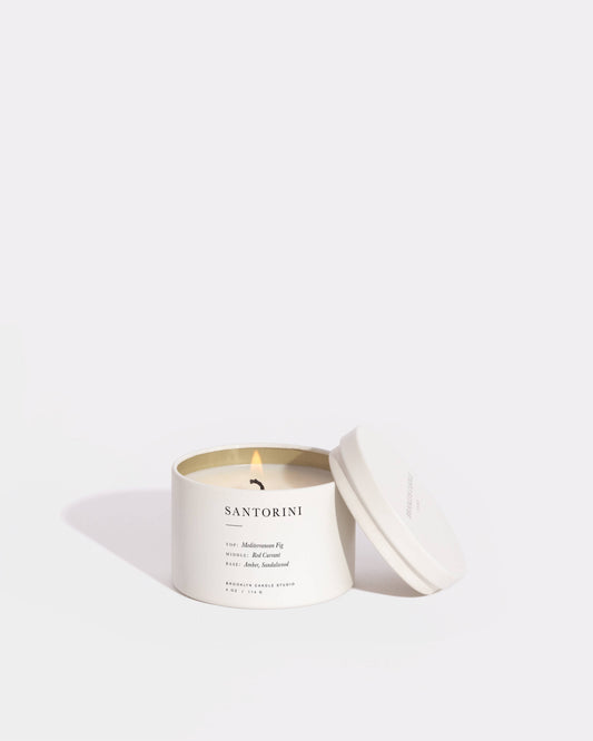 Brooklyn Candle Studio Santorini travel candle in a matte off-white 4 oz tin