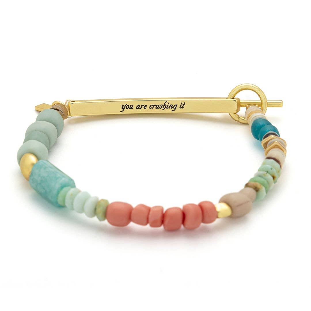 Scout 'Crushing It' Hidden Message Bracelet in Amazonite beads with engraved metal bar