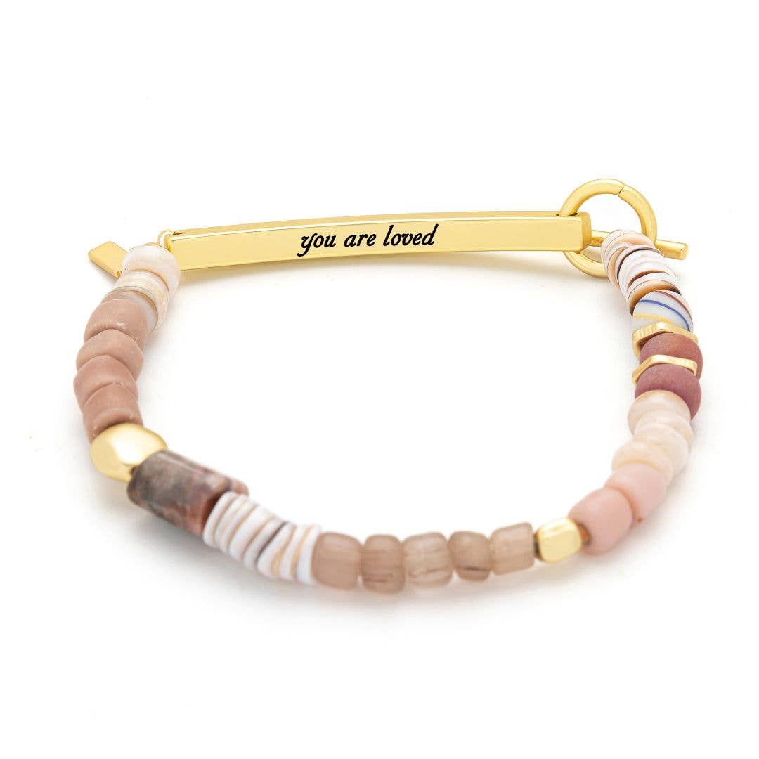 Scout 'Loved' Hidden Message Bracelet in Rhodochrosite beads with engraved metal bar