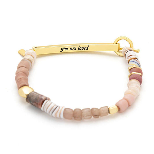 Scout 'Loved' Hidden Message Bracelet in Rhodochrosite beads with engraved metal bar