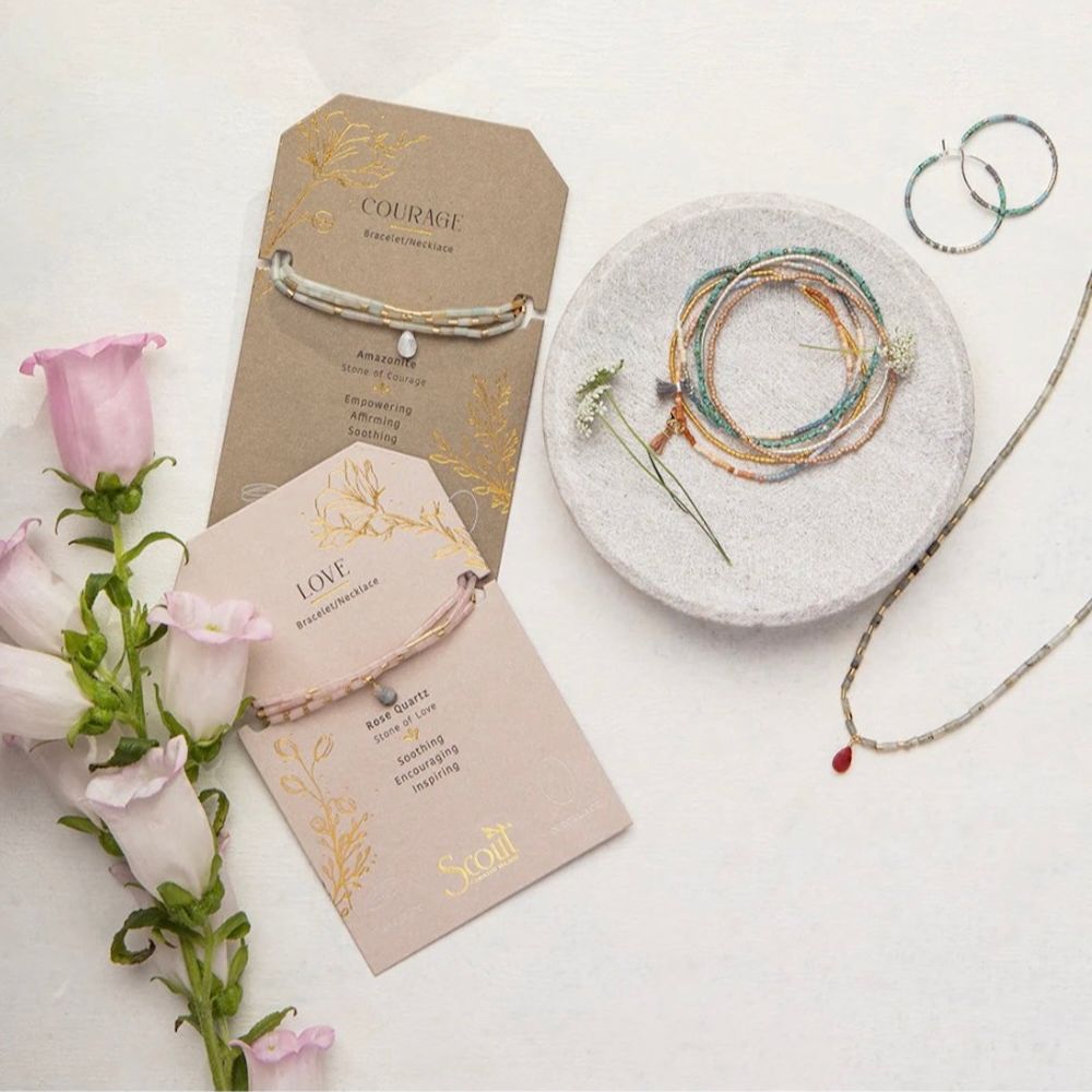 Scout Rose Quartz and Labradorite Teardrop Wrap shown styled on the wrist in a lifestyle look